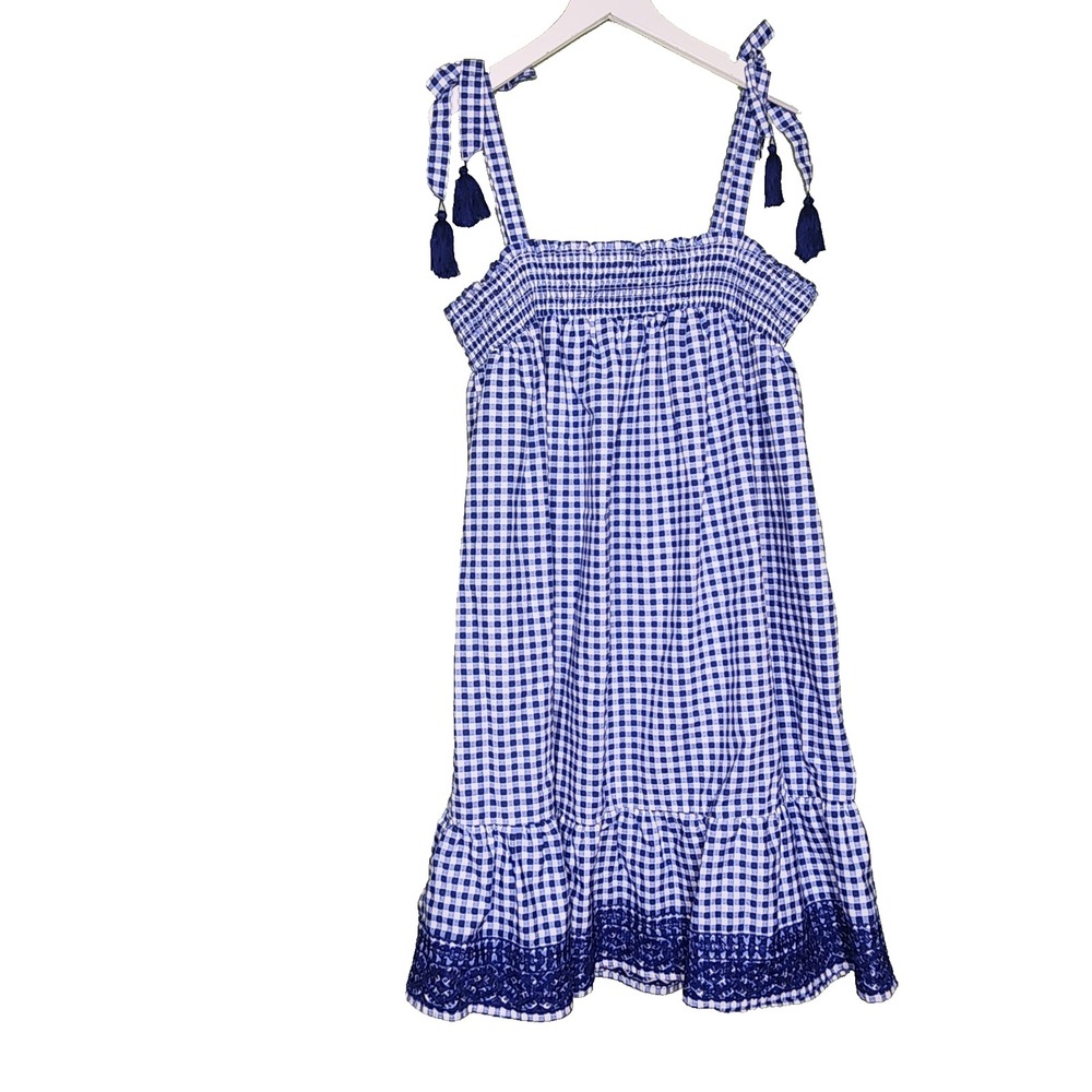 Margaux Riviera Boho Sundress XL Blue White Gingham Plaid Tassels Smocked Summer
